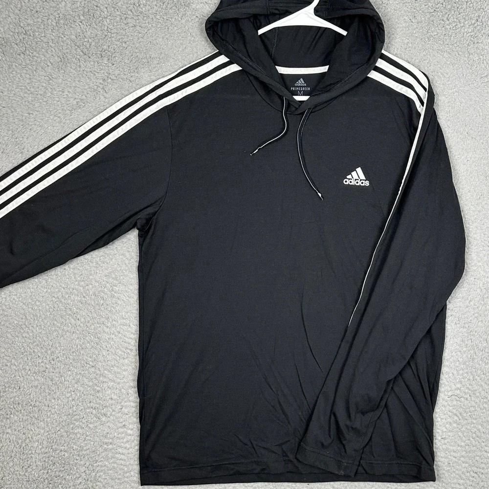 Adidas Shirt Mens Medium Aeroready Primegreen Black 3-Stripe Hooded Long Sleeve